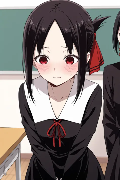 kaguya Shinomiya, short hair, bangs, black hair, red eyes, hair ribbon, sidelocks, folded ponytail, parted bangs,
long sleeves, dress, ribbon, school uniform, collarbone, black dress, sailor collar, white sailor collar, red ribbon, neck ribbon, shuuchiin a...