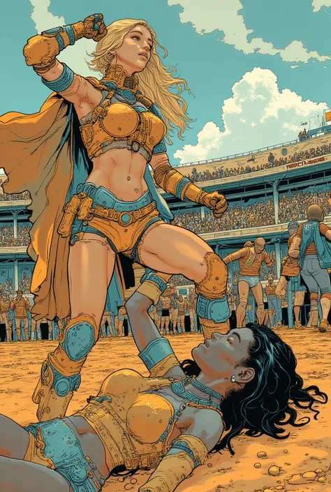 A gladiator match between 2 women. 1st woman is blonde in chainmail scale bikini armor, very sexy and beautiful. Blonde girl is victorious celebrating. 2nd woman is a defeated black woman laying on ground   also in chainmail scale bikini armor. Background ...