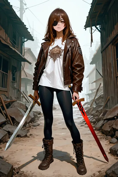 highres, ultra detailed, HDR, masterpiece, best quality, extremely detailed face, masterpiece, best quality, amazing quality, detailed face, latina young woman, long copper hair, brown eyes, one eye black patch, slim, hunter, holding a long sword, Excalibu...