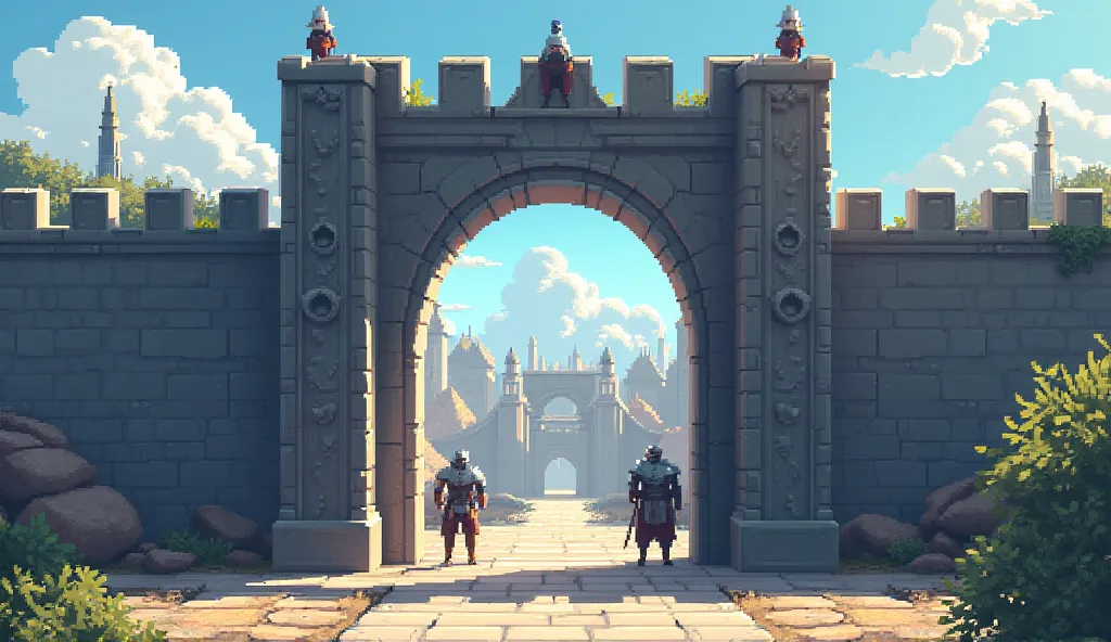 In pixel art style, create a scene over the spacious entrance of a city, the entrance is surrounded by a large wall made of polished stone and serves to protect the city, there are two guards standing on both sides of the entrance who allow entry, at the t...