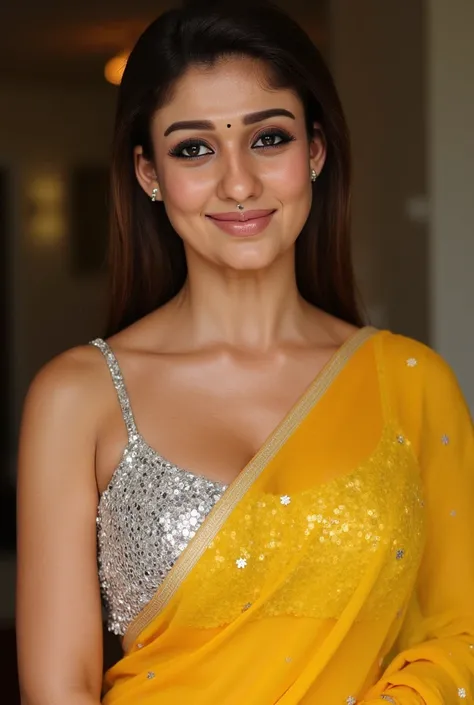 Generate a ultra realistic close up front image of a woman in a golden yellow sequins sleeveless saree. She is wearing a silver shimmering blouse with mirror sequins. It has no sleeves, has a silver satin finish with spaghetti straps. Face and body facing ...