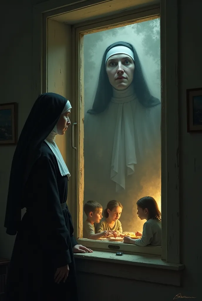 A ghost nun stares in through the window during a meal