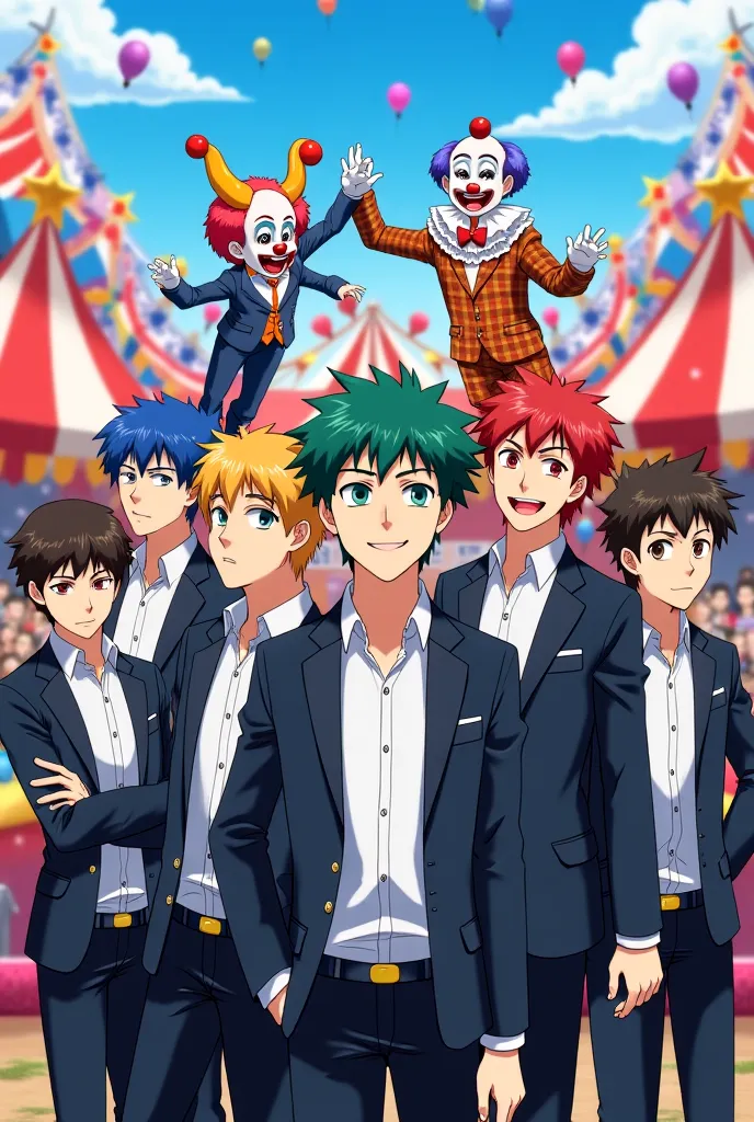 Make an image for me write an anniversary of the KNB with some clowns in the background