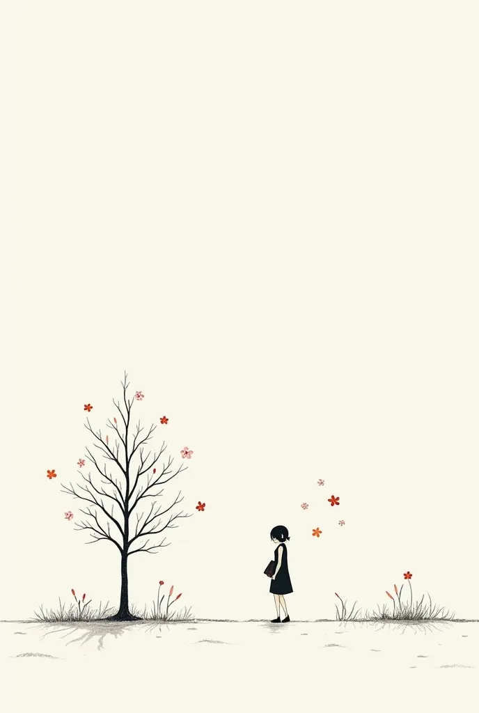   scenery, 、I have a black  white ofmed 、represents a minimalist  nostalgic vibe,   uses simple outlines  low saturation ,  uses simple outlines  low saturation .  She is drawn with thin lines, 柔らかな線ofデザイン ,  tree々There are only colorful characters .  かわいい...