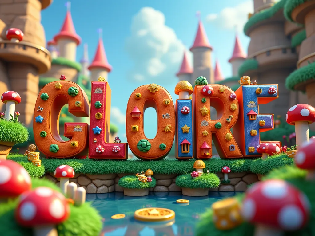 Create a poster extremely detailed with letter-by-letter writing "GLORY  " en français et en majuscule. dans un style Disney 4D. L'ÉCRITURE DOIT ÊTRE BIEN VISIBLE. 
Thème MARIO BROS. 