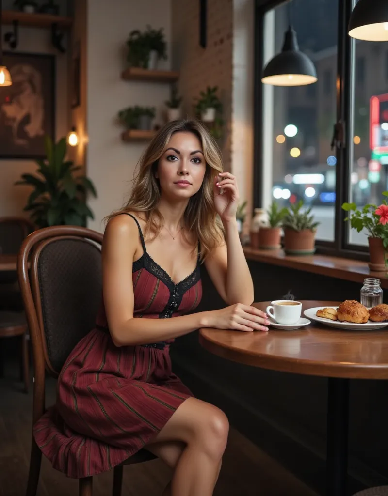 A candid yet refined photograph of a beautiful woman with warm light-brown hair featuring subtle golden highlights. Her long, straight hair is slightly wavy at the ends, falling freely over her shoulders. She has soft facial features, including expressive ...