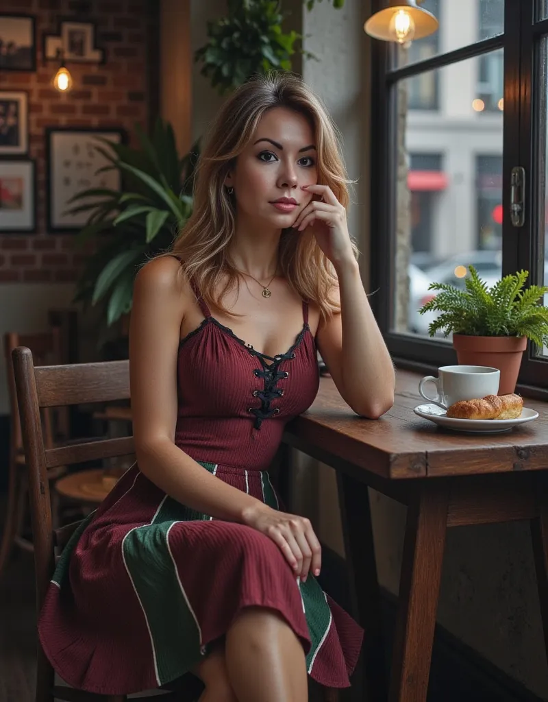 A candid yet refined photograph of a beautiful woman with warm light-brown hair featuring subtle golden highlights. Her long, straight hair is slightly wavy at the ends, falling freely over her shoulders. She has soft facial features, including expressive ...