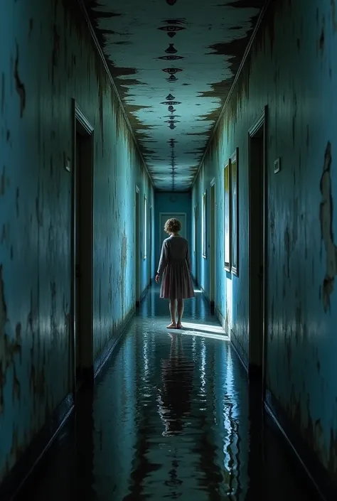 Photo realistic old hallway with water pooled down the hallway, blue wash, peeling wallpaper, 1970s, silent hill, women hidden in the shadow, water is ankle deep, eyes are blinking in paintings, all looking at girl, black painted symbols on ceiling, 7 girl...