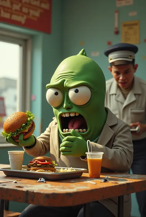 Plankton Rejecting the Hamburger
"A demanding food critic, with an expression of disgust, holds a hamburger with two fingertips, as if about to discard it. He is seated at a frayed fast-food table, with a tray full of open containers and scattered ketchup ...