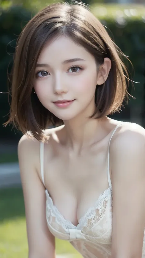 very short,light hair,pure white lace,young beautiful girl,super slender body,Correct human body,detailed eyes,detailed face,beautiful face,cute face,beautiful skin,Eyes of the same size left and right,droopy eyes,embarrassing smile,highest resolution,Best...