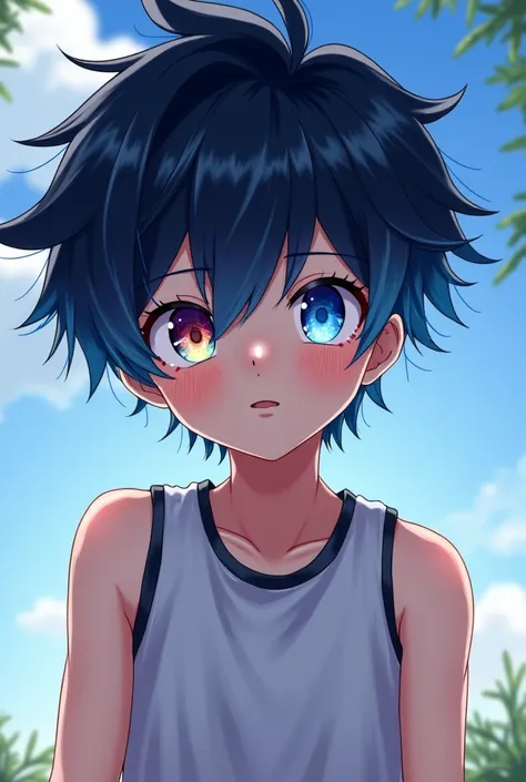 Anime boy with black hair with light blue locks with rainbow eyes in sleeveless shirt 