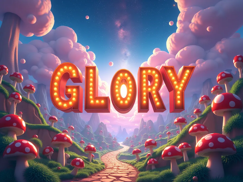 Create a poster extremely detailed with letter-by-letter writing "GLORY  " en Anglais  et en majuscule. dans un style Disney 4D. L'ÉCRITURE DOIT ÊTRE BIEN VISIBLE. 
Thème MARIO BROS. 