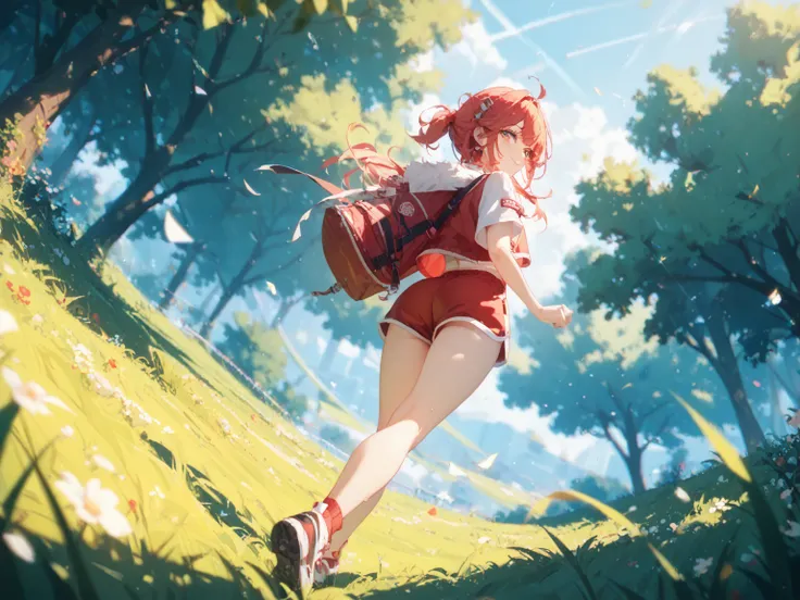 (highest quality:1.2, masterpiece:1.2, highest quality, best aesthetics),  girl, kind, Run through grass, Wears red sports shorts that are too big for her, Looks back, low angle