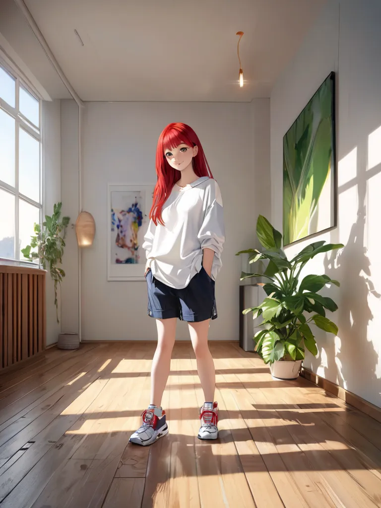  a young girl , That sneakers take off, 1.6m tall,  slim, red long hair, green eyes, friendly facial expression, relaxed posture, Full color, high resolution, photorealistic, environment of a modern apartment, natural light, wooden floor, white walls,  min...