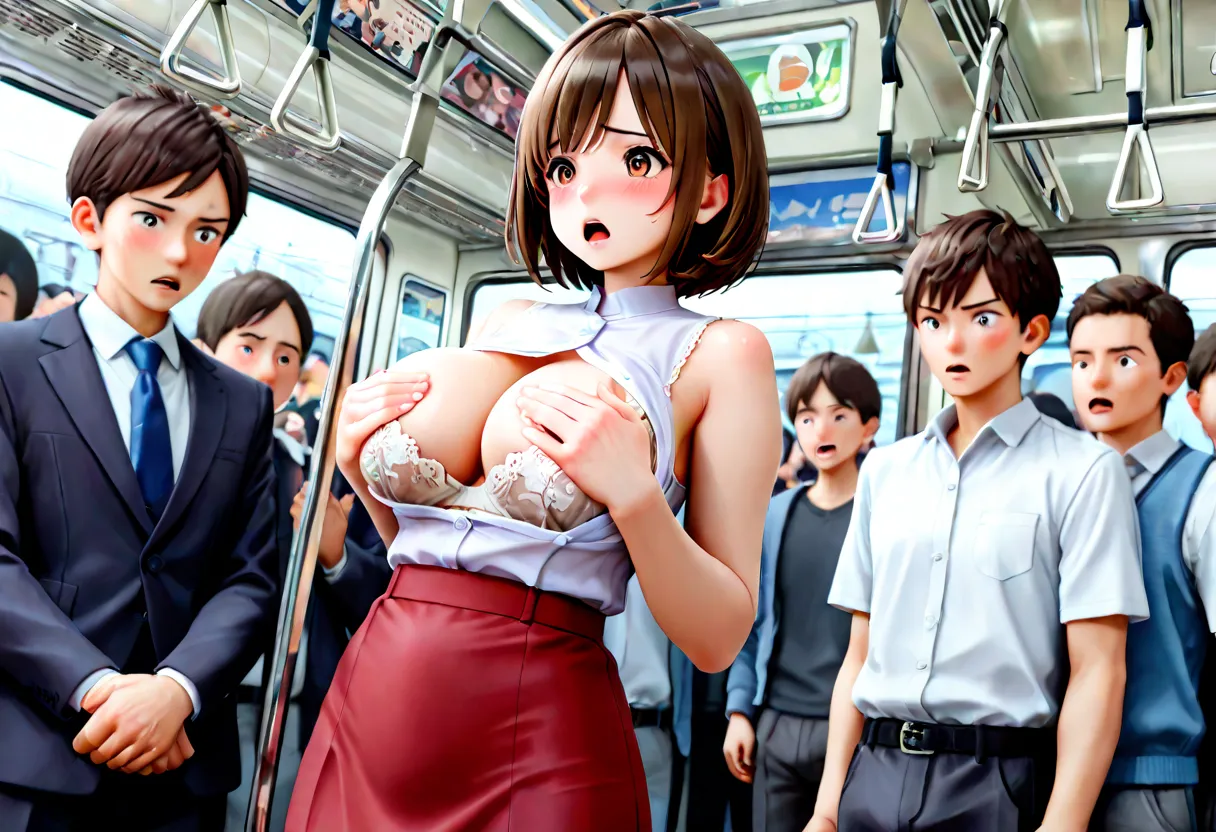 sleeveless dress shirt, taut skirt, red skirt, white lace-trimmed bra, short hair, brown hair, train interior, crowd, crowd looks on, large breasts, chikan, blush, suprise, open mouth,
covering breasts by hand,