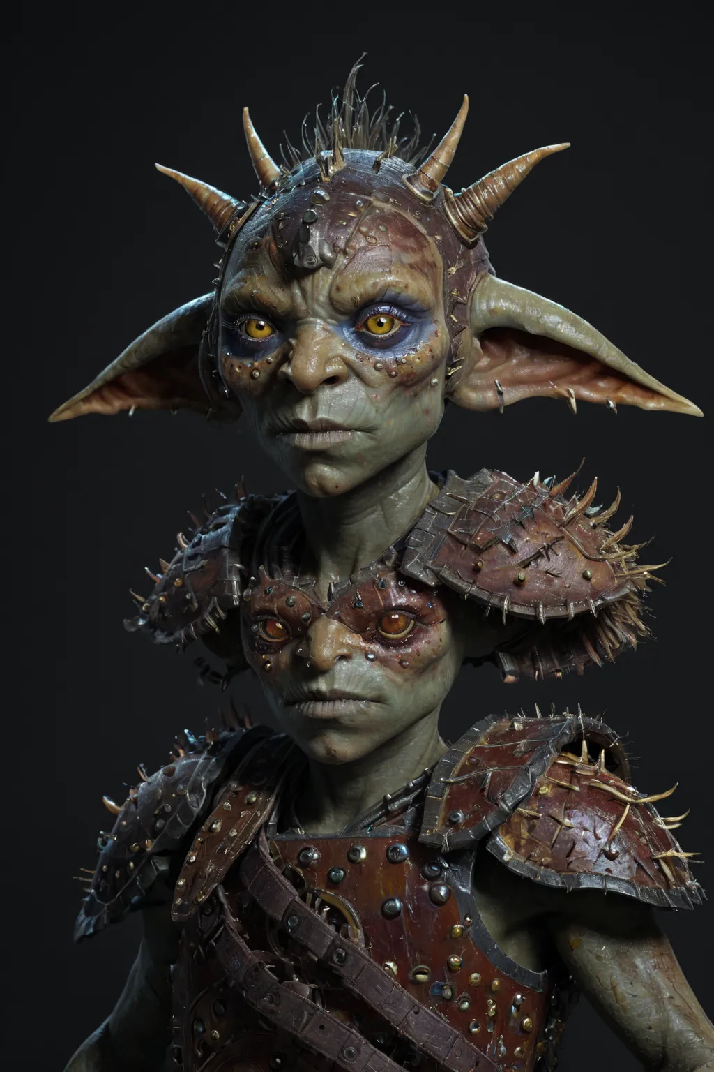 (a monster with multiple arms and multiple eyes and long shaggy hanging ears Dnd), in medieval armor, expressionless, (close-up portrait), cinematic,  multicolor , natural skin textures ,  Hyperrealistic ,  in detail,чрезвычайно  in detail, high contrast,r...