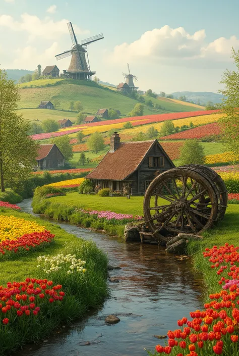  in high-definition images、Images of beautiful farm scenery in the Netherlands、Picture of a beautiful farm landscape in the Netherlands with water wheels and colorful tulip fields。