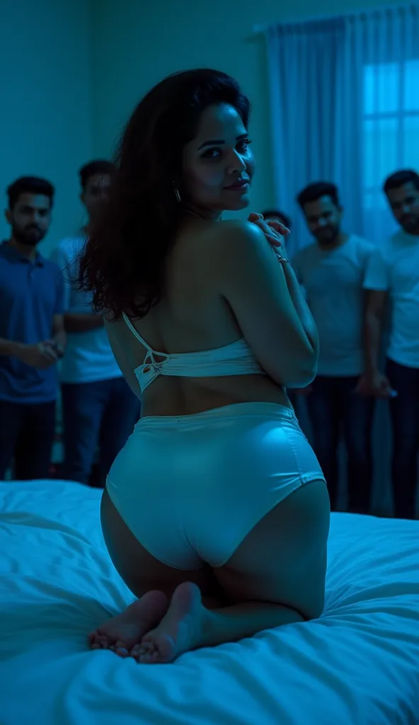 Pov back view, bedroom scene, 26 year old very beautiful North Indian plus sized woman in  white colour  body tight silk micro skirt and  bra, belley button exposed, laying on a bed on her knees in a bedroom , bended over to the bed, face touching on bed, ...