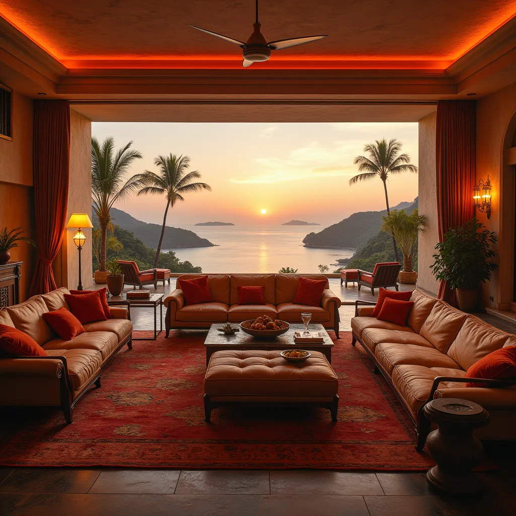 ((View of a very very large living room in S)) with panoramic view of the bay of Cuba, inspired by Dennis Fremont, ((Wide-Angle)), Impressive architecture, (( masterpiece )), (( open thighs )), 8K, (Cuban retro style), vibrant color, sunset light, polychro...