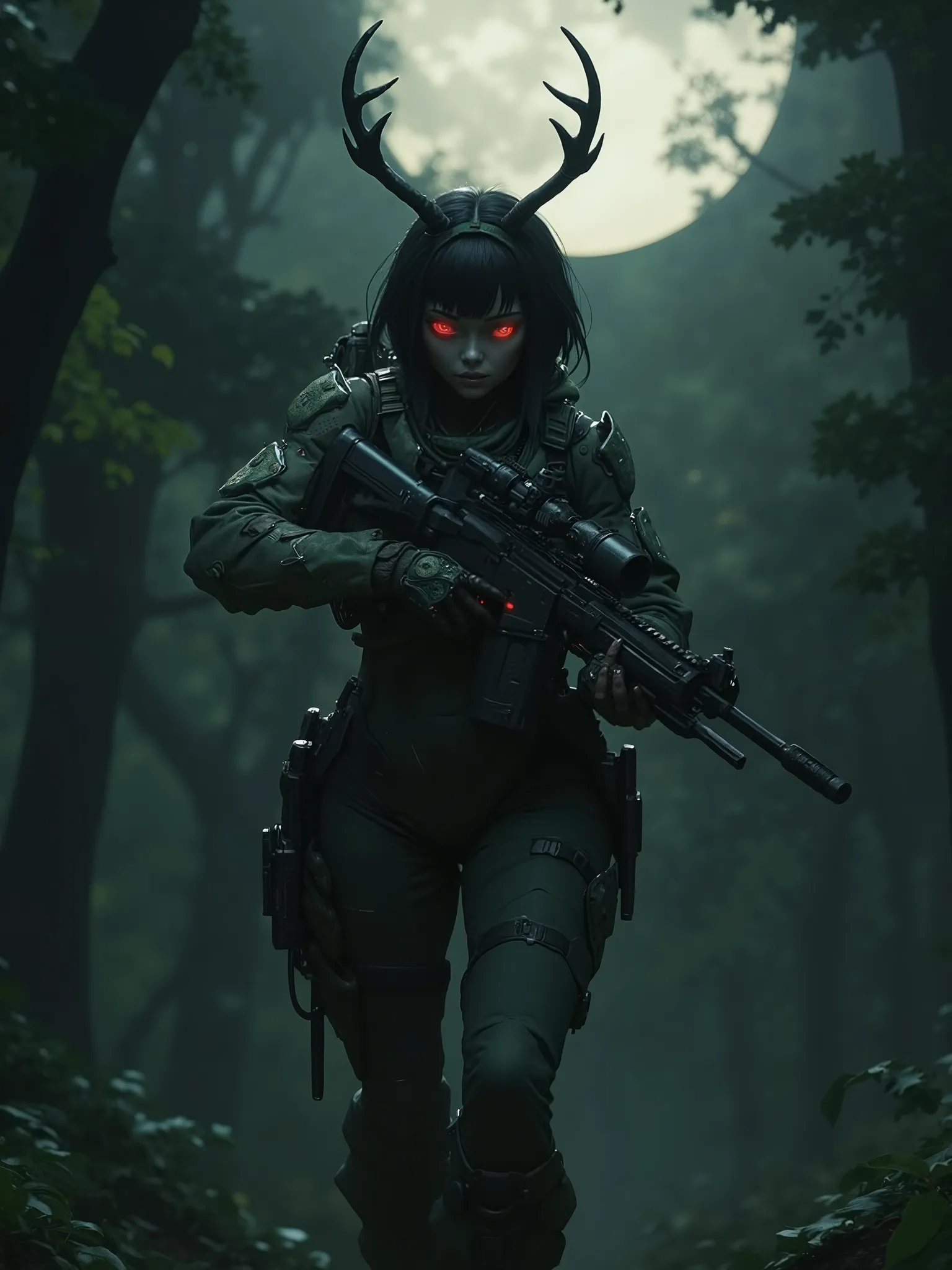 Mathilda, Cybernetic pale female , Short Black Hair, wearing Green Camouflage Light Armor,  Ghillie Suit, Deer Antlers on Head, Holding a High tech Sniper Rifle, glowing Red eyes, walking through a dark forest, During the Night, Moon High in the sky