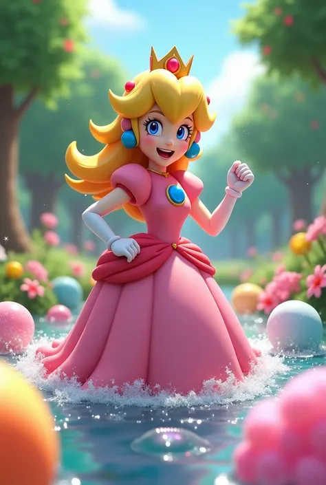 Generate an image of Princess Peach in a park playing with water balloons and carnival foam