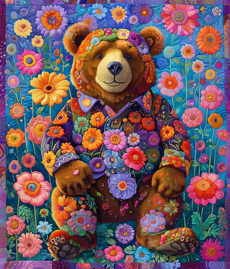 style of Kaffe Fassett, (cute, chubby, male, bear), adorable, magical, fantasy, hires textures, highly detailed, intricate details, best quality, masterpiece, zPDXL3