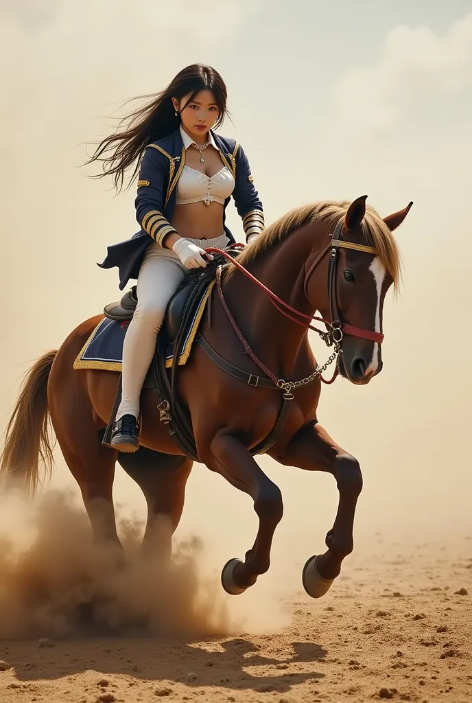 The horse is disorganized and falls over a big way,the horse's body fits on the soft ground when it falls down a lot,Soft ground collapses,A woman's horse falls and falls sideways,White sweat on the horse's body,the woman turns back and urges the horse's b...