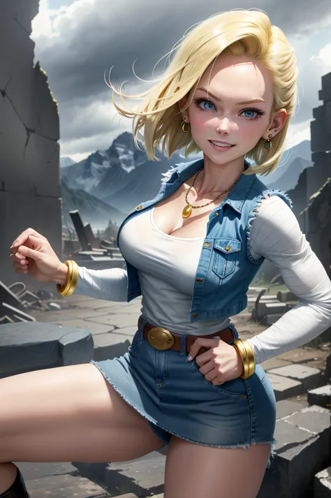 best quality, high resolution, and18, 1girl, android 18, alone, blonde hair, blue eyes, belt, denim mini skirt, golden necklace, bracelet, clenched fists, black shirt, short hair, striped long sleeves, deep cleavage, earrings, blue mini skirt, open vest, d...