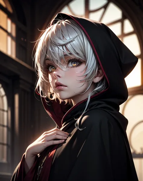 (absurdres, highres, ultra detailed), masterpiece, perfect resolution, great detail, super detailed, detailed face, pale skin, pink dry lips, orange eyes, (black sclera), light eyes, tired looking, tired eyes, white hair, messy hair, unkept hair, long hair...