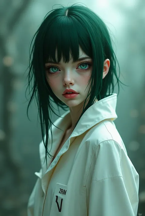 Girl with Dark green meduim hair and pure red eyes with white lashes, wearing a white coat and a tall and little bit chubby body 