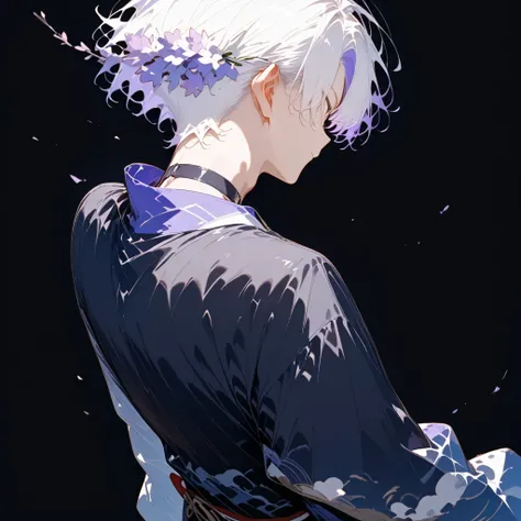 masterpiece, high score, great score, absurdres,
1boy,male focus, upper body,20-yo, クモイエイテル, toned,twink,white hair, side-parted, lilac highlights,avant-garde japanese clothes,black choker,purple collar accent,back view,from behind,white background,year 20...