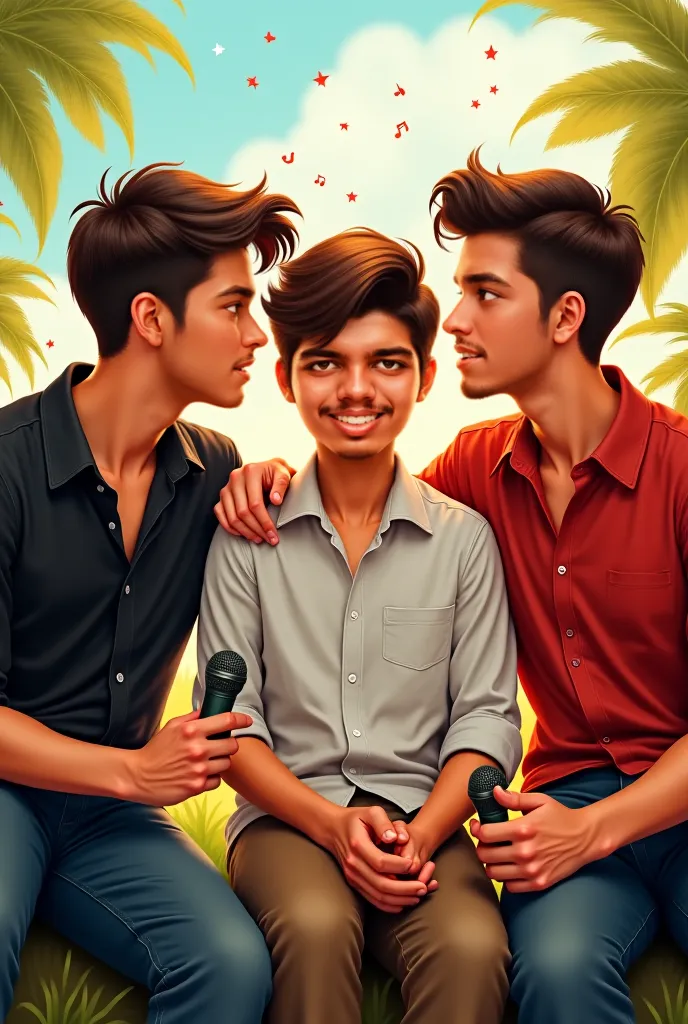 An artistic digital depiction of three young creative friends, symbolizing their deep bond and artistic talents. The first friend, dressed in a black shirt, is a lyricist, depicted with a poetic aura—perhaps holding a quill with floating words around him. ...