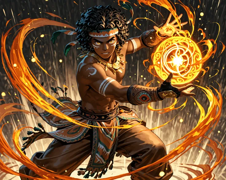 Solo, dark skinned boy, Indian, short curly hair, golden eyes, indian Tribal Headband, local Leather Vestments, indian face marking , Pocketed Cloth Pants, Jeweled golden necklace, Jeweled gauntlets indian patterns, channeling orange magic in hands, india...