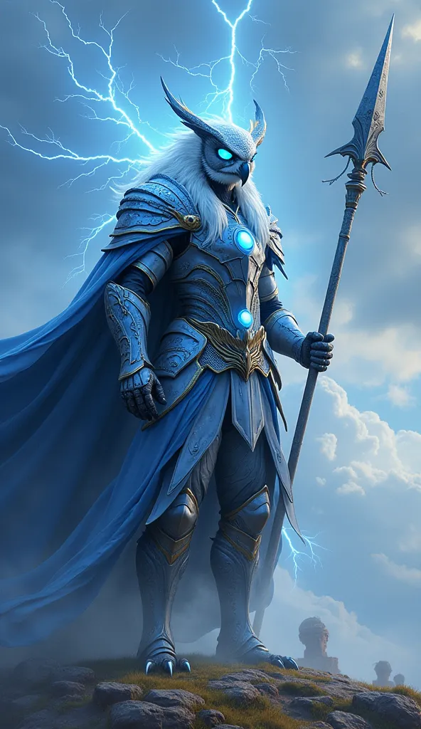 An enigmatic and imposing warrior, inspired by the Aquarius sign , wears silver-blue armor with wavy details, recalling the flow of wind and electric currents. Your armor is light, designed for speed and strategy, with a flowing cloak that shakes as if it ...