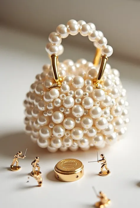 “Final touches on a luxurious pearl handbag. Tiny figures carefully attach golden handles, polish the pearls for a perfect shine, and engrave the HERLINe logo onto a small elegant plate. The scene exudes luxury and precision, showcasing the finishing detai...