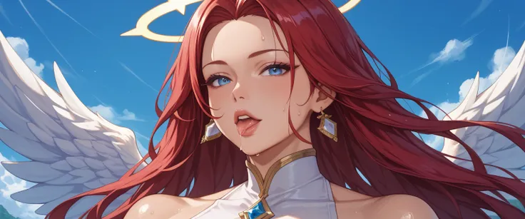 Oval Face、、、Wide forehead、 red hair、Flat Japanese face 、An expression that has reached its peak of longevity、large quantity of drool 、 lots of sweat、A lot of juice, red hair, very sweaty, look of superiority is not intimidated, blue eyes, very pretty, beau...