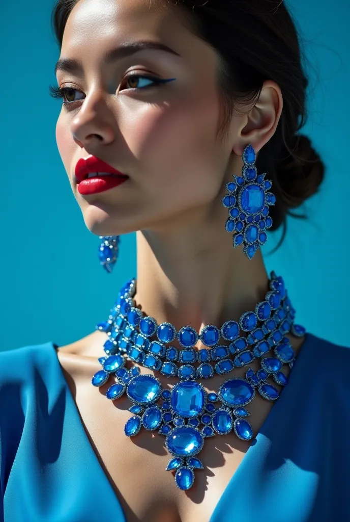 jewelry session, photo on the neck, necklace blue Moschino haute couture look ,