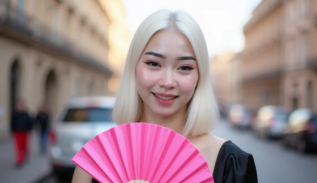 photo of a beautiful young woman with long platinum white straight hair, pale glossy skins and a poised expression, holding a sleek satin vibrant pink plain hand fan. She wears a simple but stylish black satin dress with a modern, minimalist design. The ca...