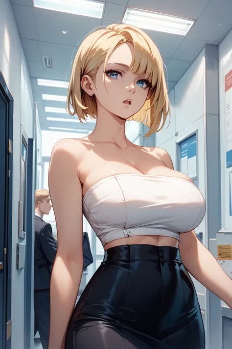 masterpiece, best quality, ultra-detailed, 8K resolution, Woman,office corridor, voluptuous,black business suit,tube top, expressionless,blue eyes,side parted hairstyle,blonde hair,asymmetrical bob hair,open mouth, standing