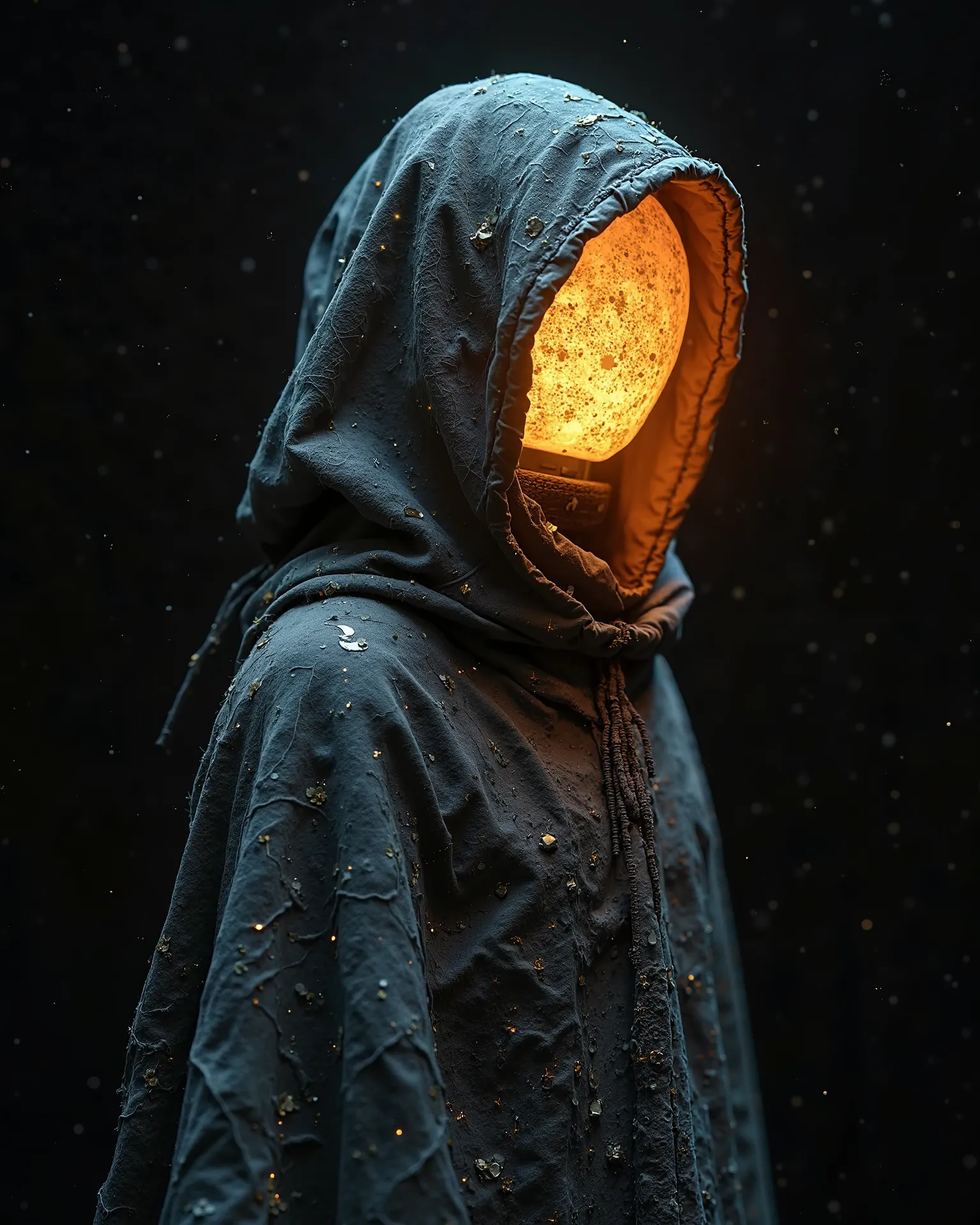 Close-up of a humanoid figure with a head shaped like a glowing lantern, the light flickering like a flame. The body is wrapped in a patchwork cloak made of woven shadows, with faint constellations visible within the fabric. Background: deep black, contras...