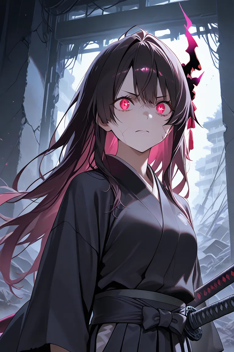  ( 1 girl ),( very detailed eyes, very detailed face ), ( Hi-Res ), ( Top Quality :1.4),An 18-year-old Japanese woman,  high school student,Dark hero, Japanese sword,background：battlefield,ruins