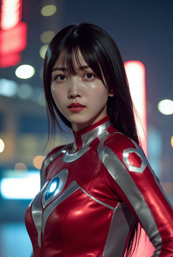   Front View from Below 、(赤のUltramanスーツ)、:18 points、big breasts、 long hair、Ultraman、Genuine、Genuineistic、cinematic lighting、girl in a shiny red and silver suit、、Professional Photos、don't expose my skin、Japanese models、Japanese CGI、Ultramanスーツ、、 Power Range...