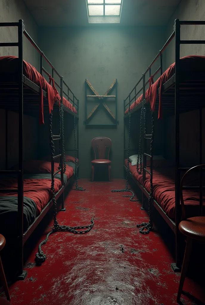 (photorealism), bedroom, very large room, bunk beds, iron bed, indoors, dim lighting, plain wall background, no windows, prison room, used for sex, realistic, intricate details, red color, lots of bdsm tools, ropes, chairs, and x-shaped wood