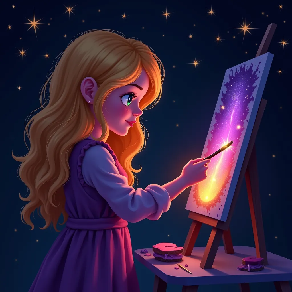 a blonde girl, painting dark place with her glowing brush, artist turns darkness into beauty, dark background with stars, girl has a orpurple aura, her hair is glowing orange, girl painting darkness with her special brush