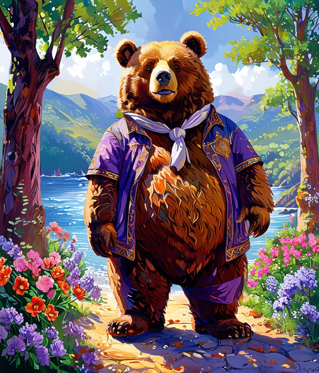 style of David Lloyd Glover, (cute, chubby, male, bear), adorable, magical, fantasy, hires textures, highly detailed, intricate details, best quality, masterpiece, zPDXL3