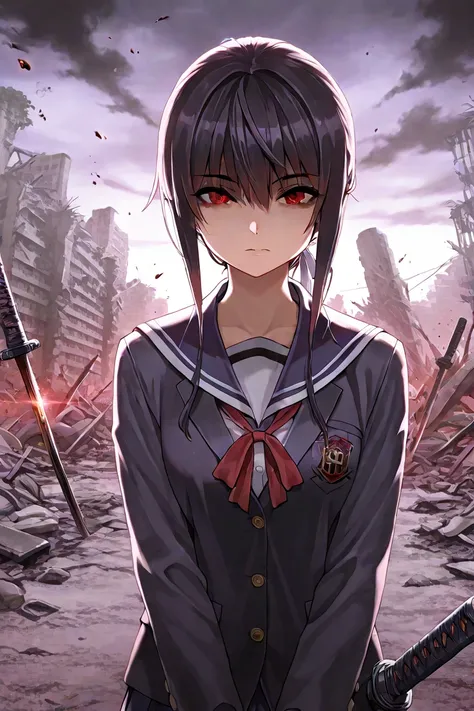  ( 1 girl ),( very detailed eyes, very detailed face ), ( Hi-Res ), ( Top Quality :1.4),An 18-year-old Japanese woman,  high school student, high school studentの制服,Dark hero, Japanese sword,background：battlefield,ruins