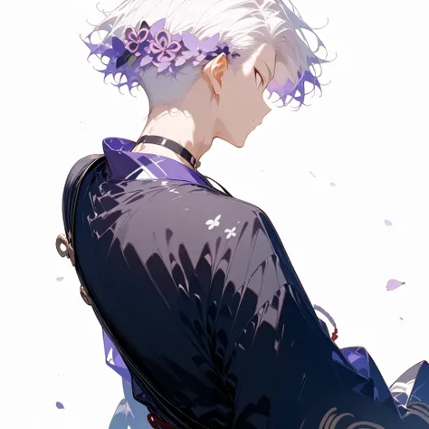 masterpiece, high score, great score, absurdres,
1boy,male focus, upper body,20-yo, クモイエイテル, toned,twink,white hair, side-parted, lilac color highlights,avant-garde japanese clothes,black choker,purple collar accent,back view,from behind,white background,y...