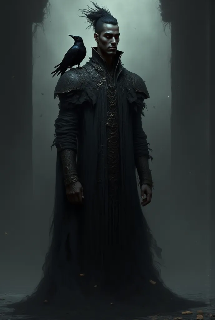 create the image of a character that knows how to add shadows like Jin Hu and has the same powers as the Darkling of Shadow and Bones, all of this in a black character, And with a pet crow