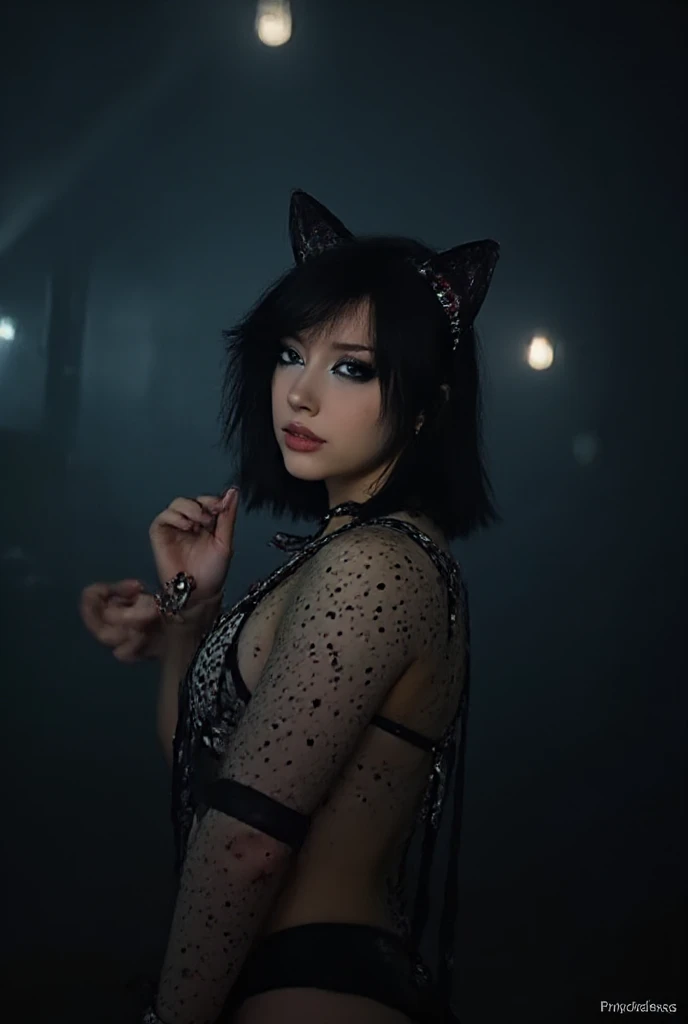 dancing, high resolution, emo makeup, cat ear accessory, eye pencils, Portrait, e-girl, dark BACKGROUD 