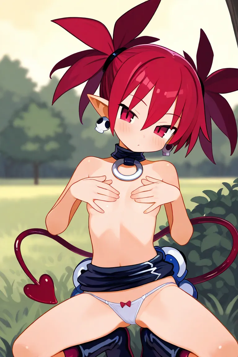  Disgaea ,Etna, undressing,NSFW,strip,Showing her chest,outside, soft touch ,exhibitionist,Squat down and spread your legs